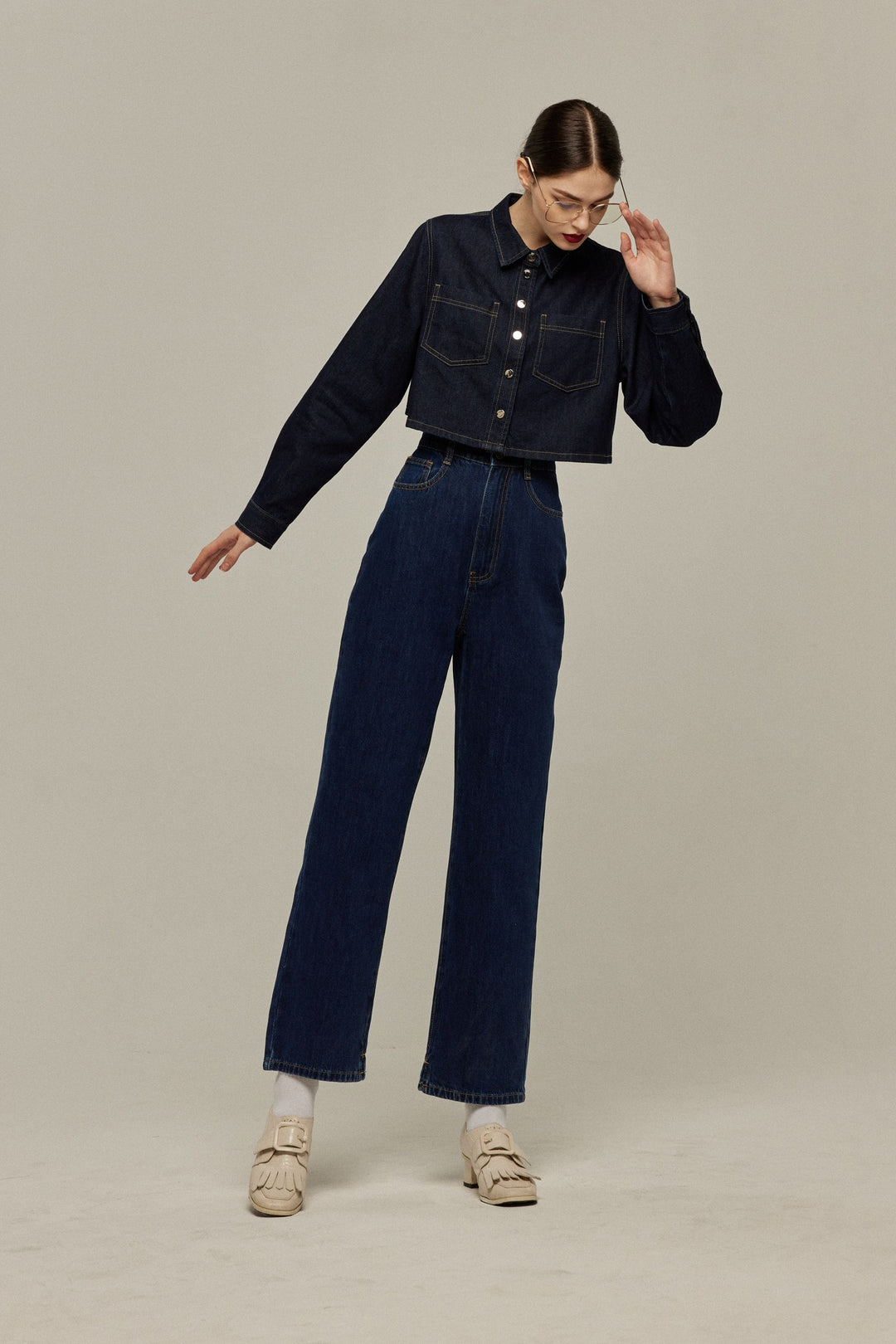 《隕石が落ちてくる》ハイウエストストレートデニムパンツ-Navy