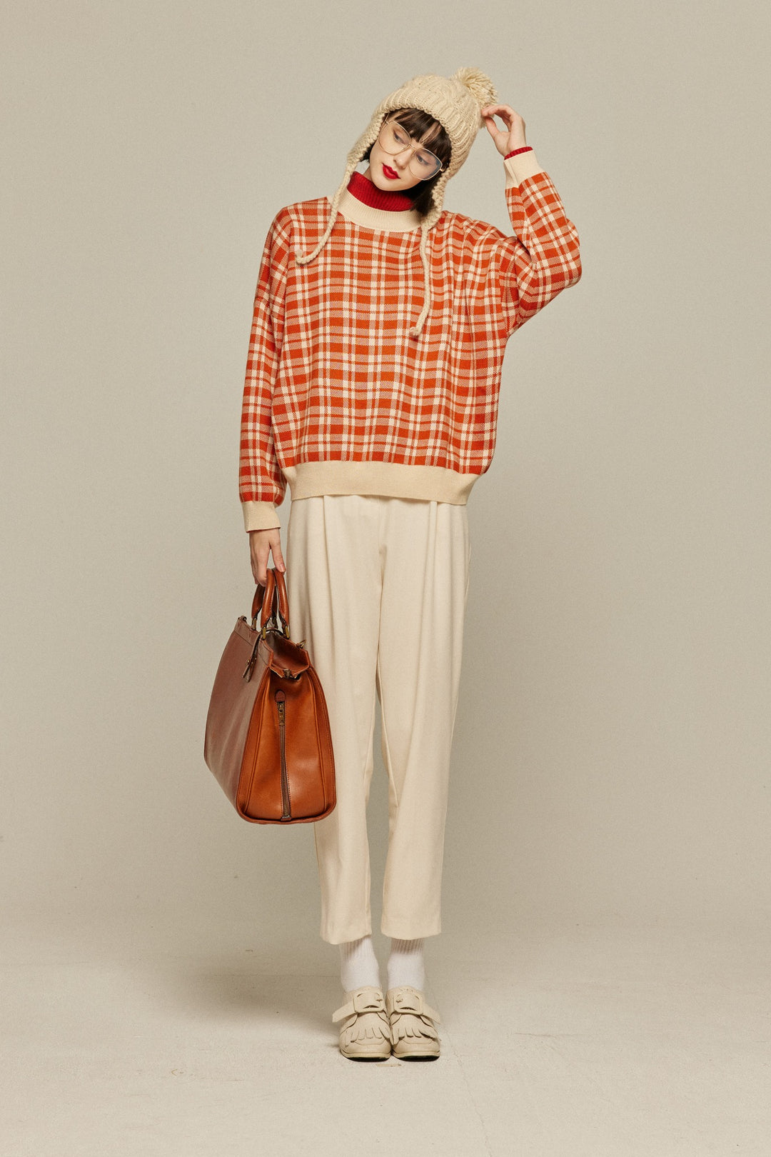 《いちごジャムがついちゃった》レトロチェックセーター-Orange red