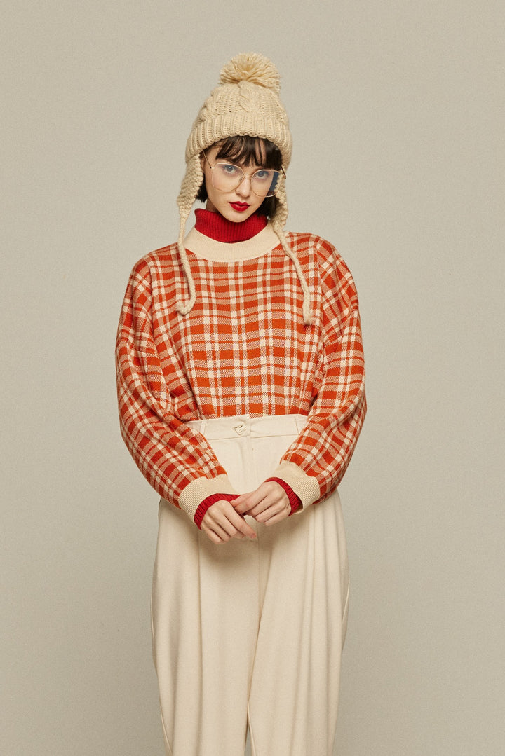 《いちごジャムがついちゃった》レトロチェックセーター-Orange red