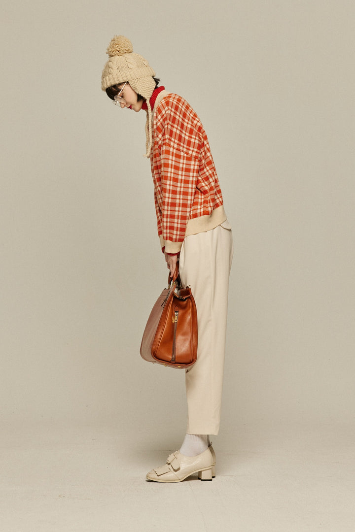 《いちごジャムがついちゃった》レトロチェックセーター-Orange red