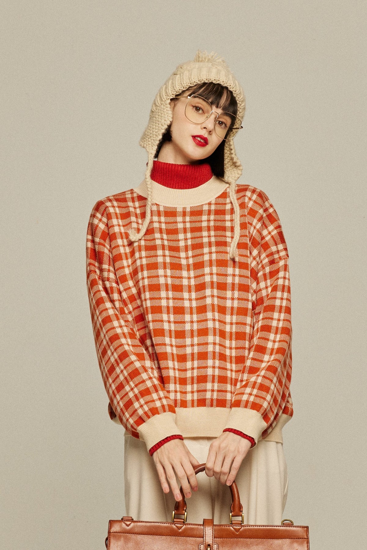 《딸기 잼이 붙었다》레트로 체크 스웨터-Orange red