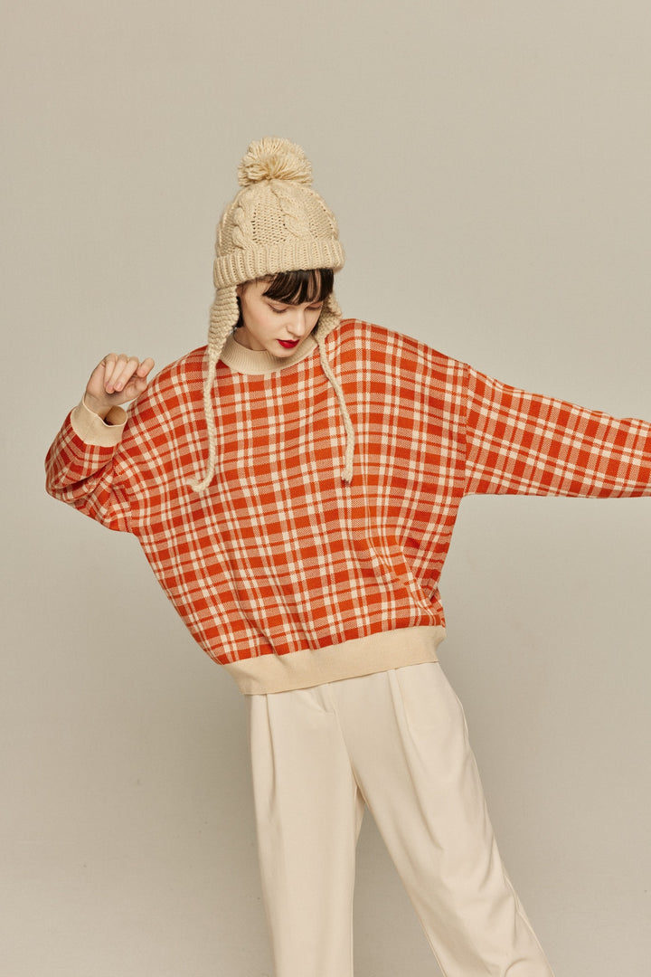 《いちごジャムがついちゃった》レトロチェックセーター-Orange red