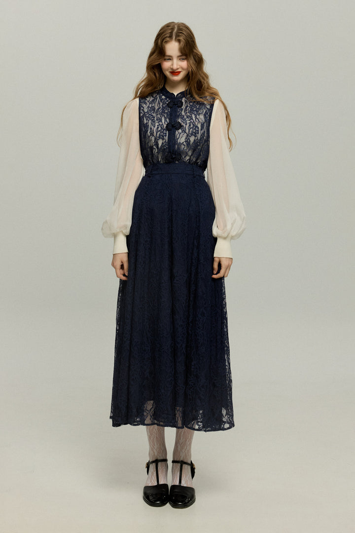 《100年も前からある》チャイナバックルスリーブレストップス-Navy
