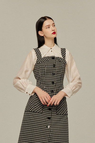 《新しい脚本を手に入れよう》ハイウエストデザインチェックワンピース-Black