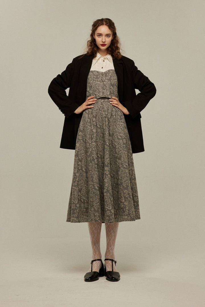 《その中の1枚は偽札》シノワズリジャガードハイウエストスカート-Gray