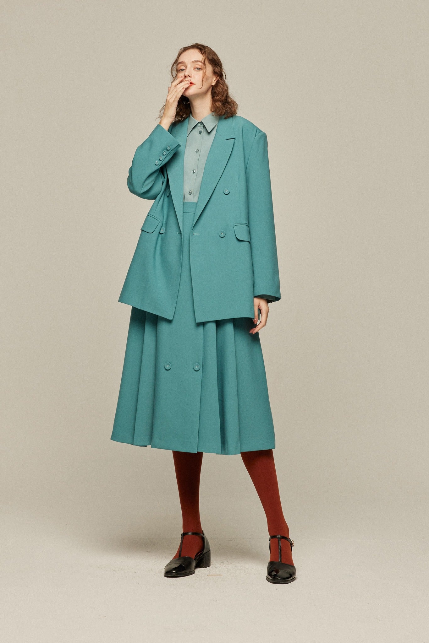 《羊にまつ毛はあったっけ？》ダブルブレストプリーツスカート-Blue