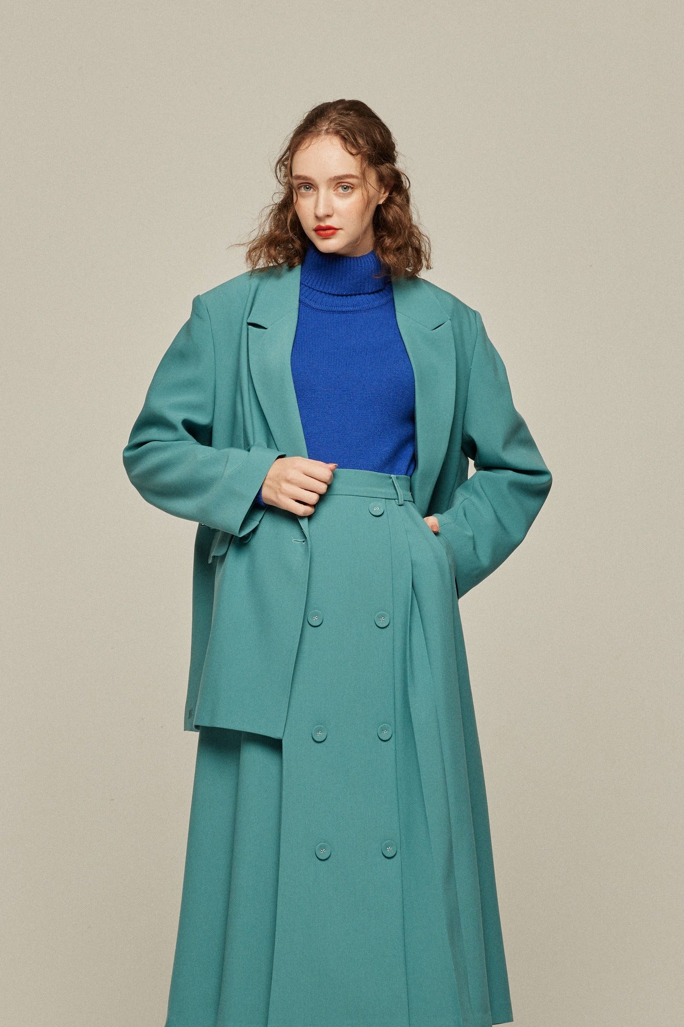 《羊にまつ毛はあったっけ？》ダブルブレストプリーツスカート-Blue