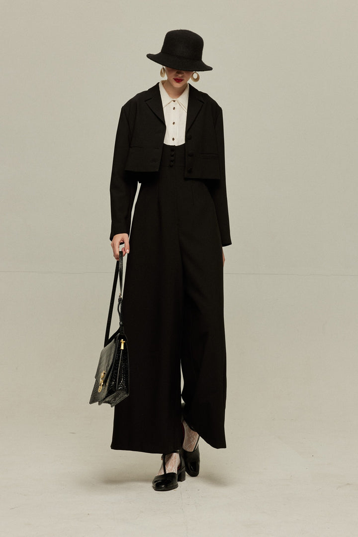 《枕の下に隠したラッキーチャーム》ハイウエストデザインバッククロスサロペット-Black