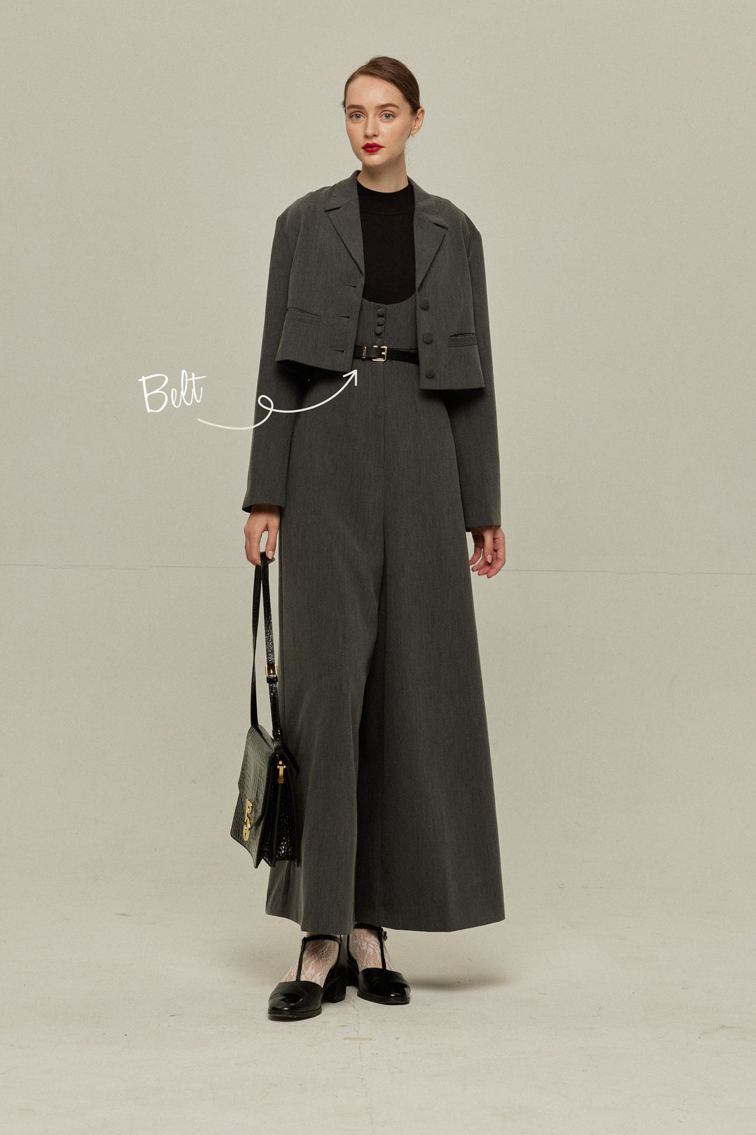 《枕の下に隠したラッキーチャーム》ハイウエストデザインバッククロスサロペット-Gray