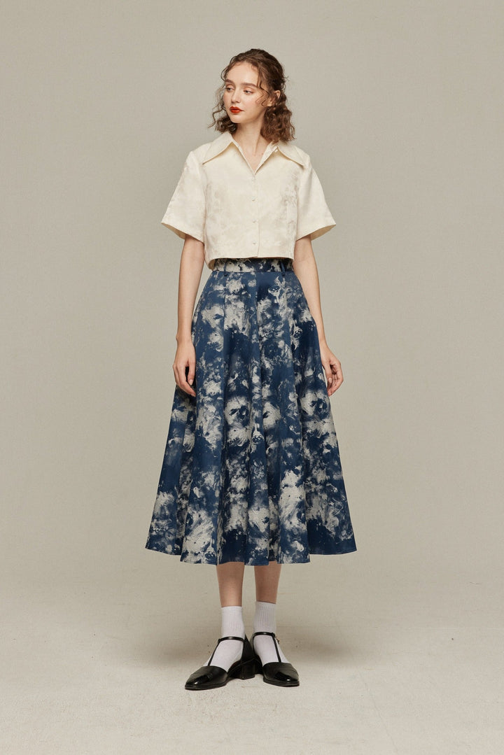 《まずは目隠しをしよう》シノワズリジャガードハイウエストスカート-Navy