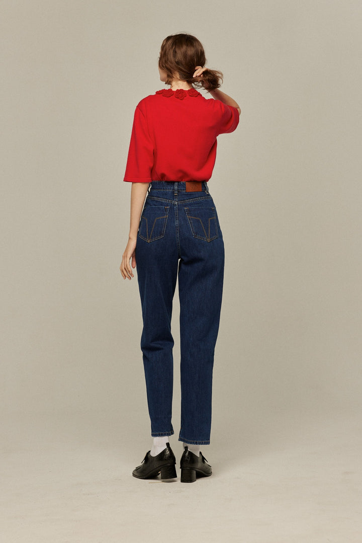《隕石が落ちてくる》ハイウエストストレートデニムパンツ-Navy