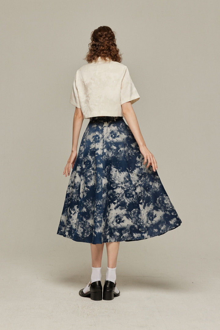 《まずは目隠しをしよう》シノワズリジャガードハイウエストスカート-Navy