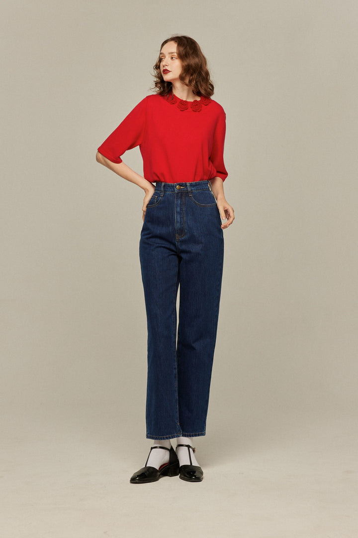 《隕石が落ちてくる》ハイウエストストレートデニムパンツ-Navy
