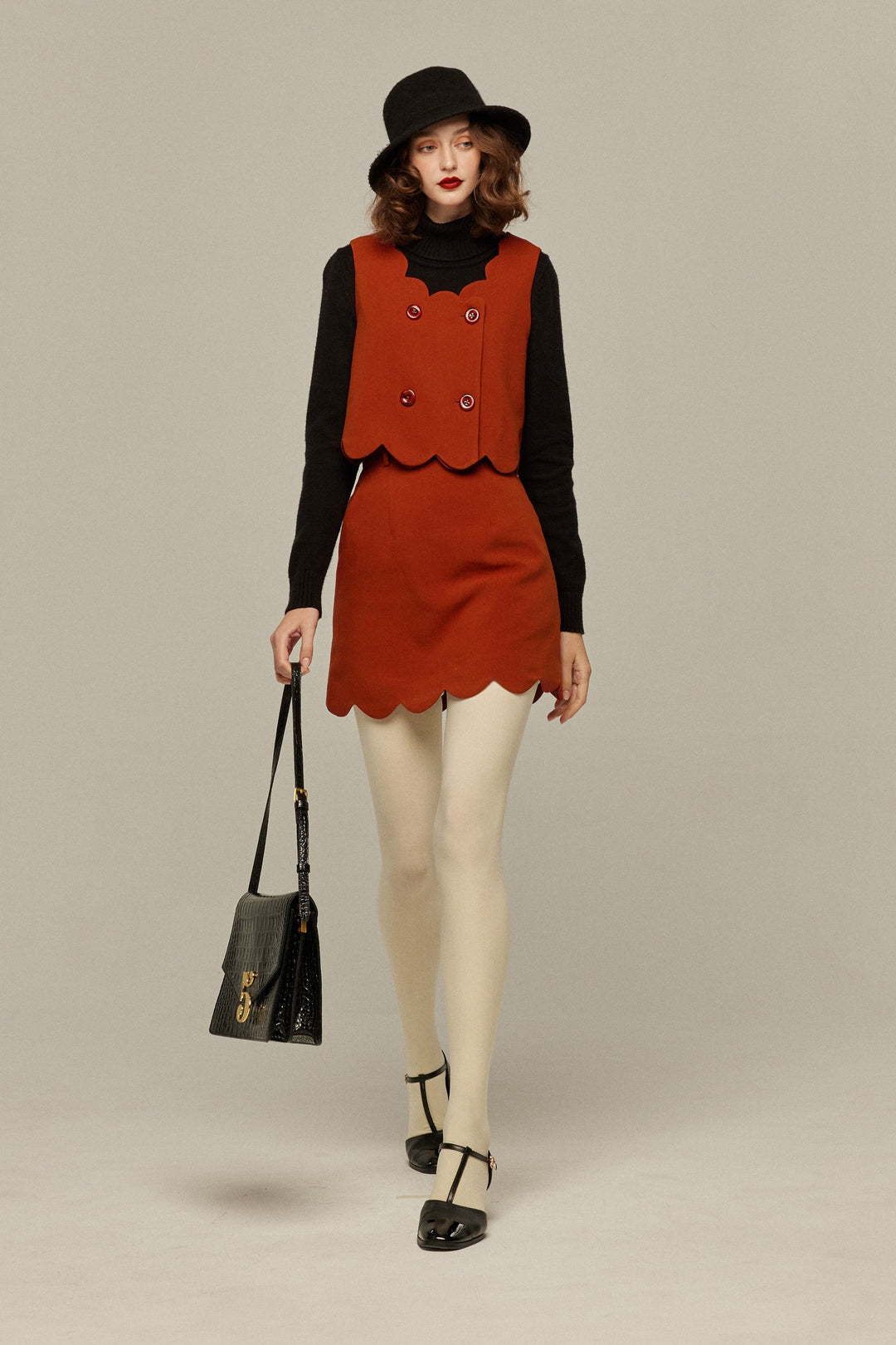 《そばかすができた》スカラップデザインダブルブレストベスト-Orange red