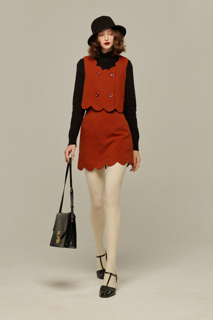 《そばかすができた》スカラップデザインショートスカート-Orange red