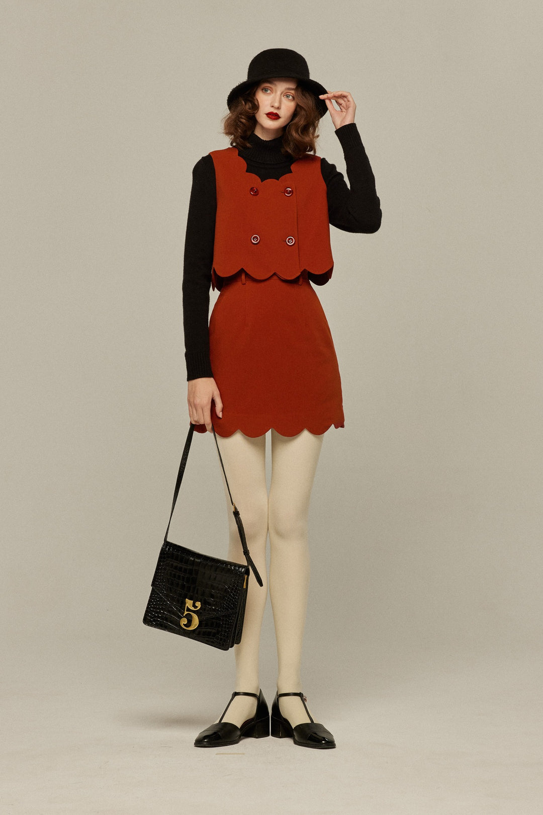 《そばかすができた》スカラップデザインダブルブレストベスト-Orange red