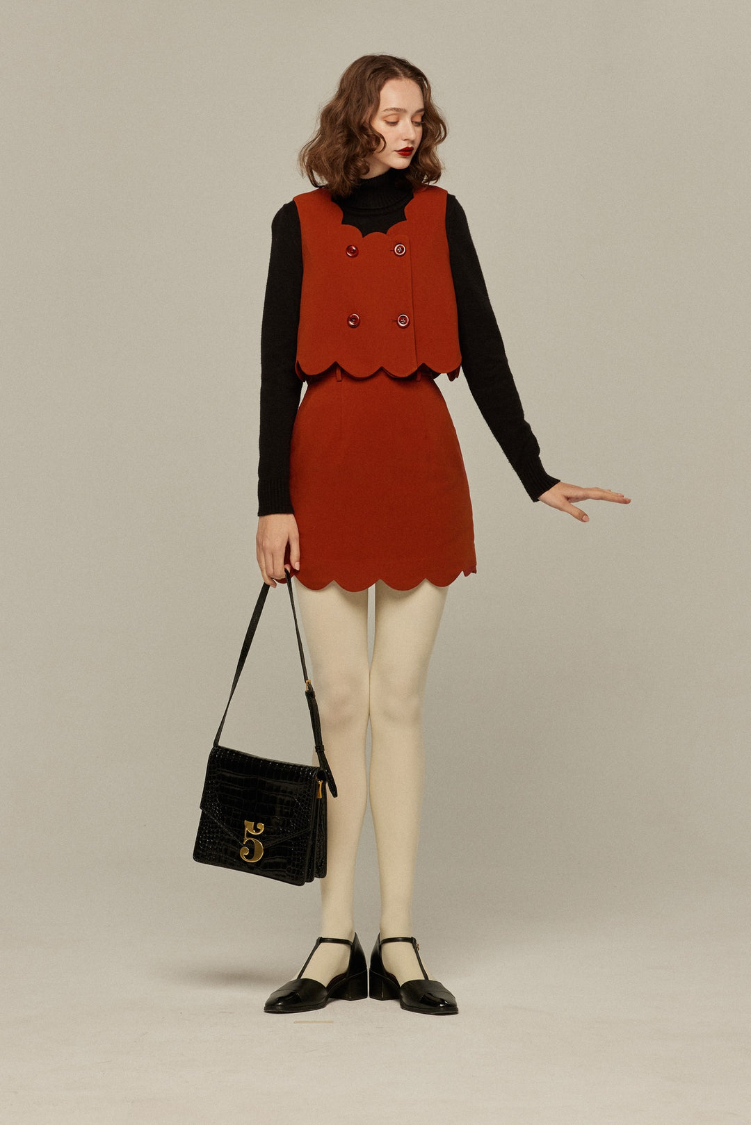 《そばかすができた》スカラップデザインダブルブレストベスト-Orange red