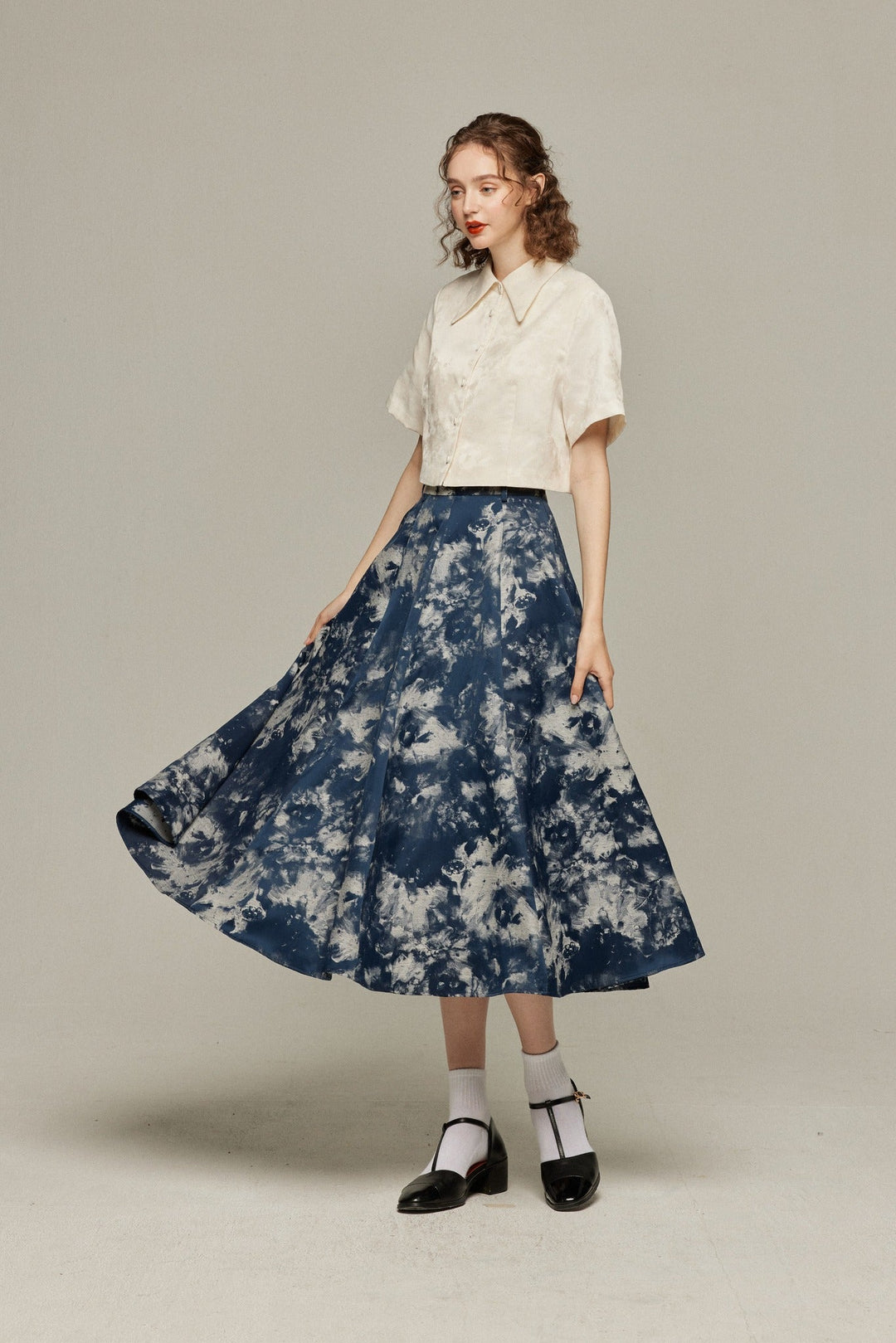 《まずは目隠しをしよう》シノワズリジャガードハイウエストスカート-Navy