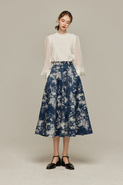 《まずは目隠しをしよう》シノワズリジャガードハイウエストスカート-Navy