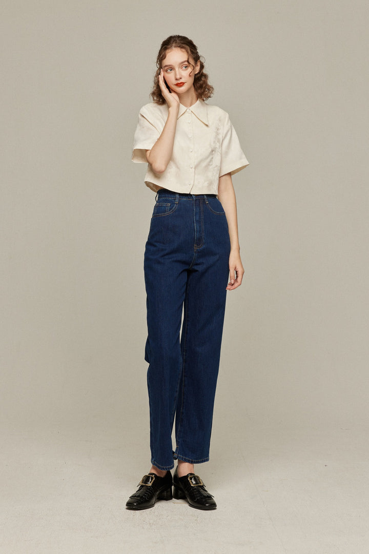 《隕石が落ちてくる》ハイウエストストレートデニムパンツ-Navy