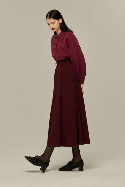 《おもちゃの列車》ハイウエストボックスプリーツロングスカート-Wine red