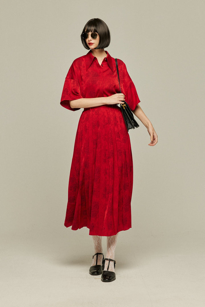 《ステージに花束を投げて》シノワズリハイウエストプリーツスカート-Red