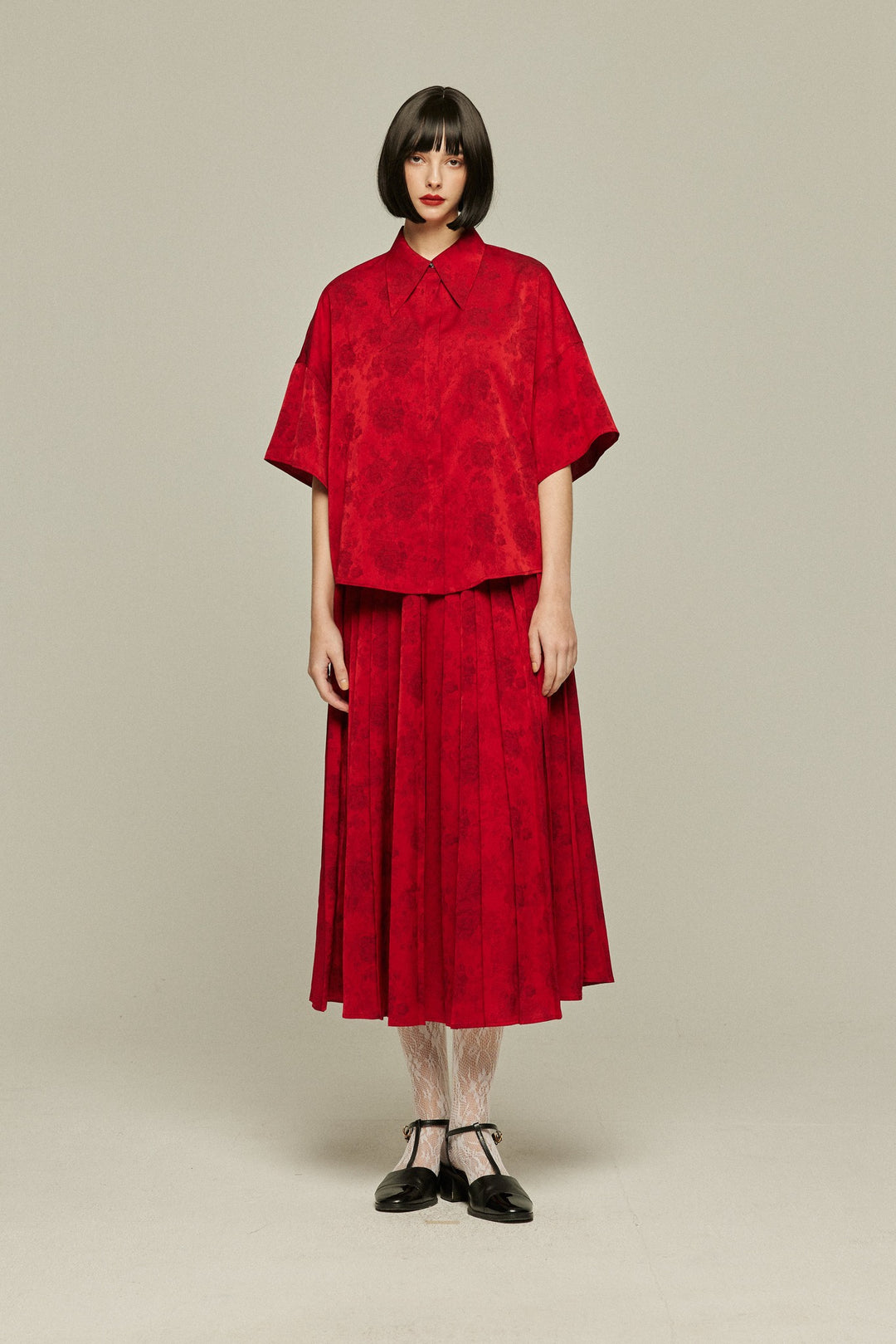 《ステージに花束を投げて》シノワズリハイウエストプリーツスカート-Red