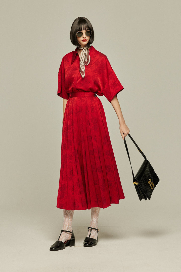 《ステージに花束を投げて》シノワズリハイウエストプリーツスカート-Red