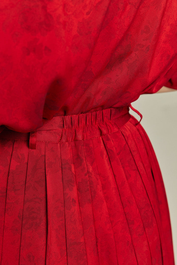 《ステージに花束を投げて》シノワズリハイウエストプリーツスカート-Red