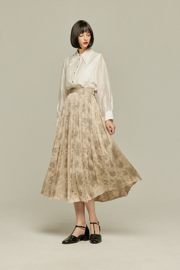 《ステージに花束を投げて》シノワズリハイウエストプリーツスカート-Beige