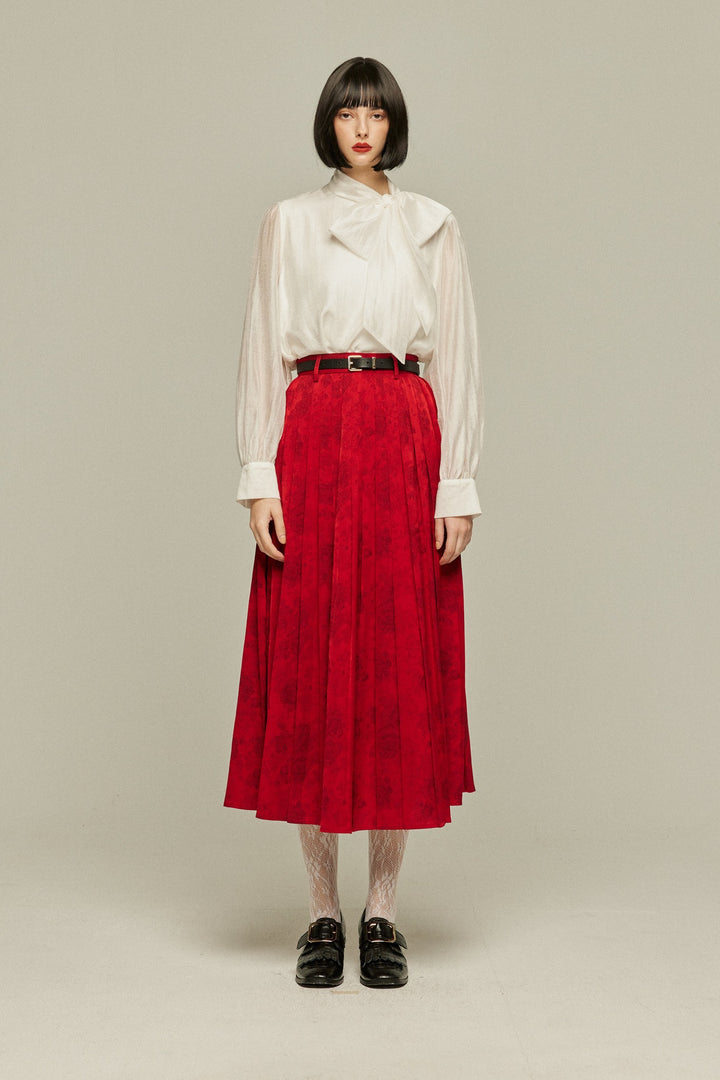《ステージに花束を投げて》シノワズリハイウエストプリーツスカート-Red