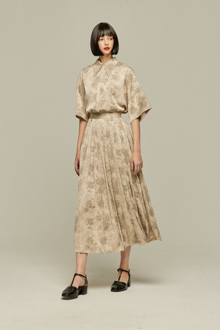 《ステージに花束を投げて》シノワズリハイウエストプリーツスカート-Beige