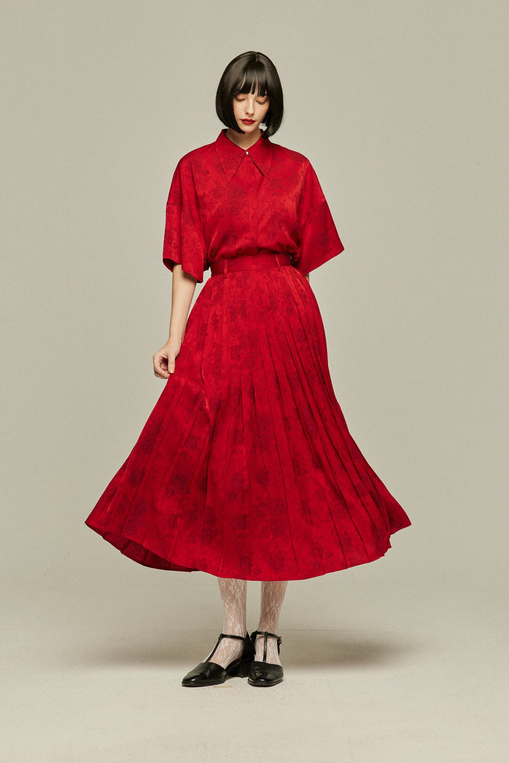 《ステージに花束を投げて》シノワズリハイウエストプリーツスカート-Red