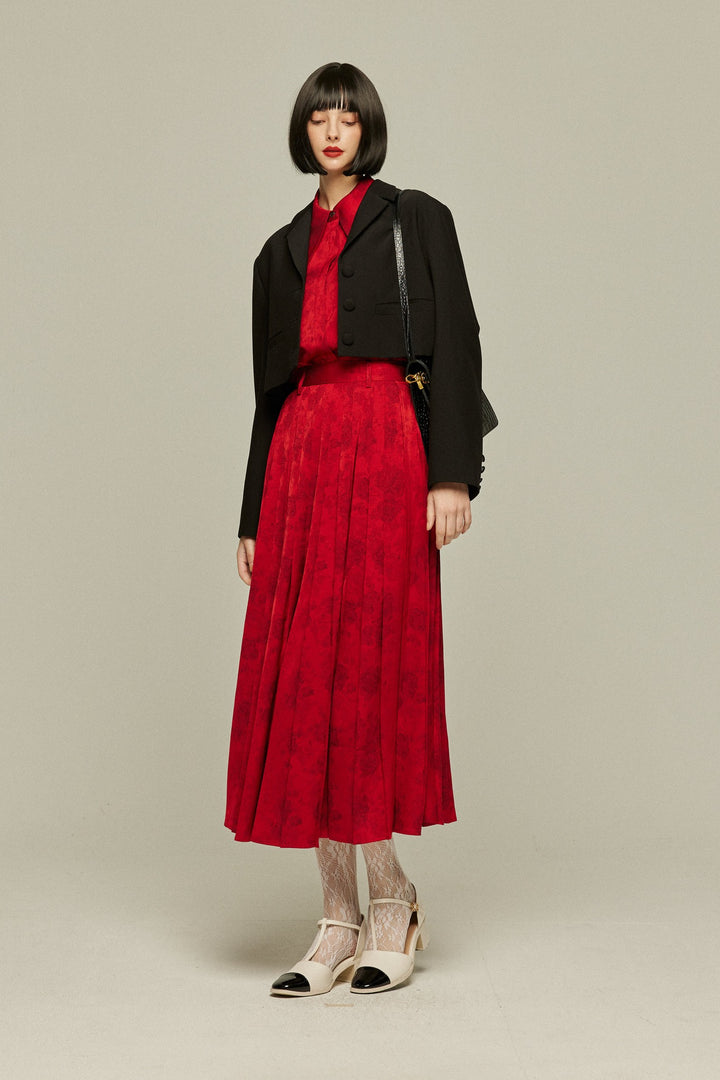 《ステージに花束を投げて》シノワズリハイウエストプリーツスカート-Red