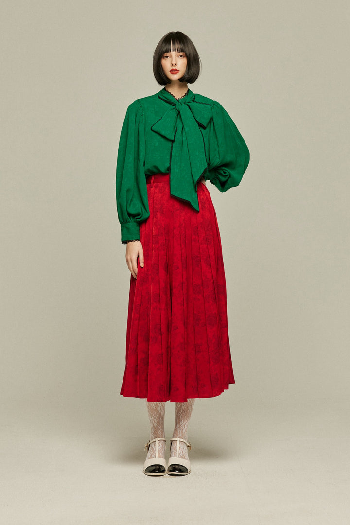 《ステージに花束を投げて》シノワズリハイウエストプリーツスカート-Red
