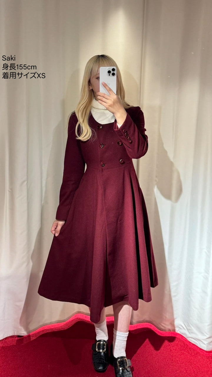 《いつもカウンターに座る彼女》ダブルブレストウールブレンドドレスコート-Wine red