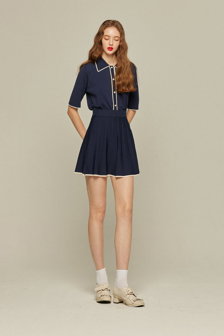 《マヨネーズがなくなっちゃった》ハイウエストプリーツニットスカート-Navy