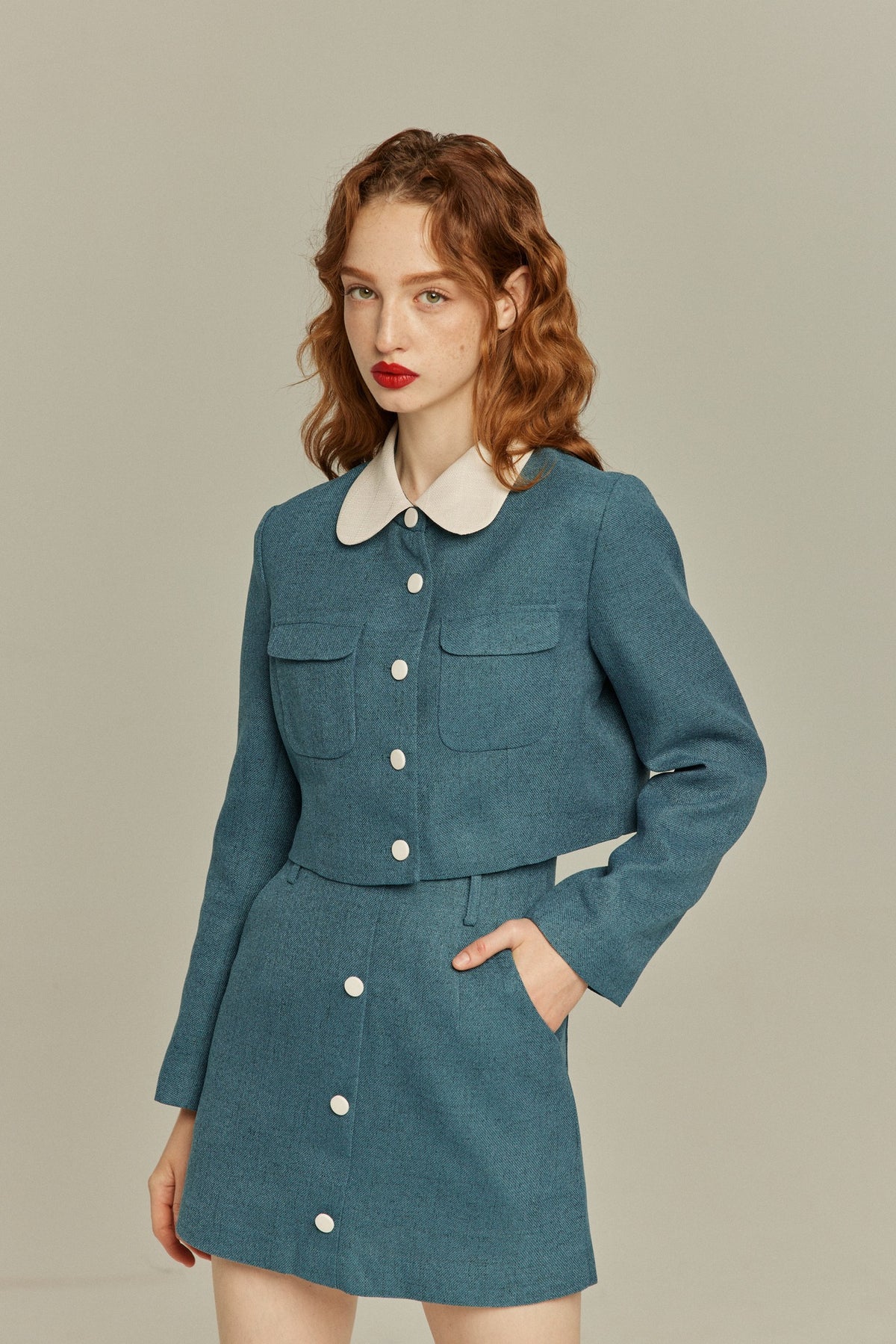 《칼과 포크를 잘 사용할 수 있는》 하이웨스트 쇼트 스커트-Blue