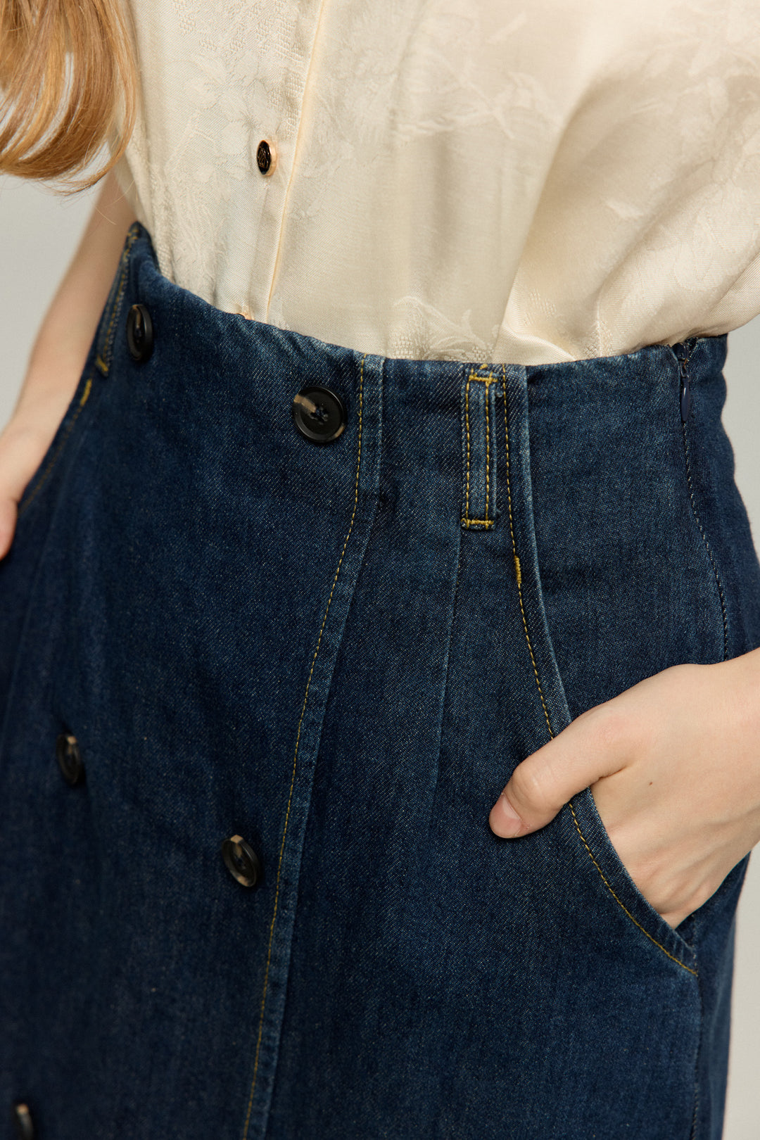 《犬九匹まとめてお散歩中》ダブルブレストハイウエストデニムスカート-Navy