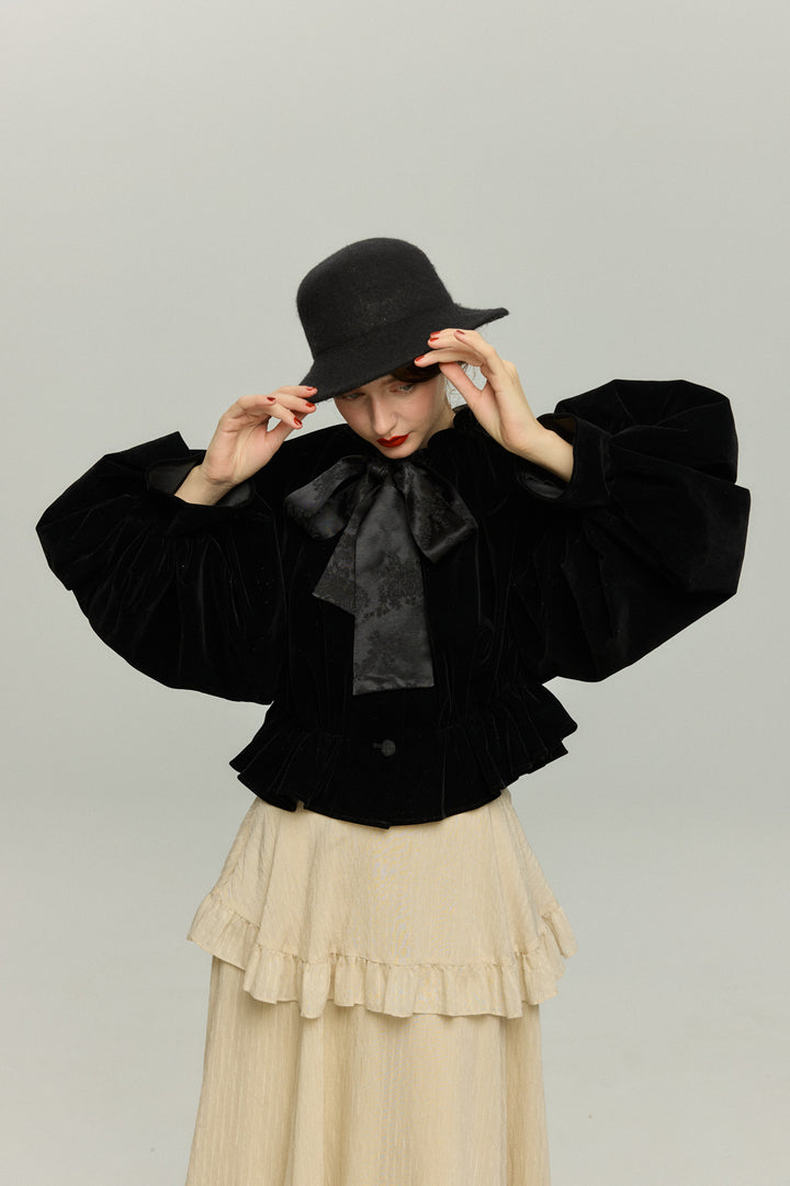 《アルファベット順に並べる》バルーンスリーブリボントップス-Black