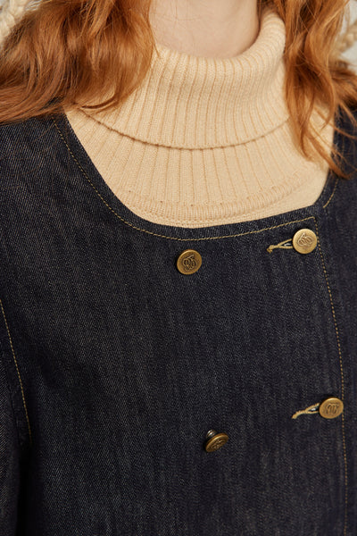 《私はもう殺し屋をやめたんだ》デニムダブルブレストトップス-Navy