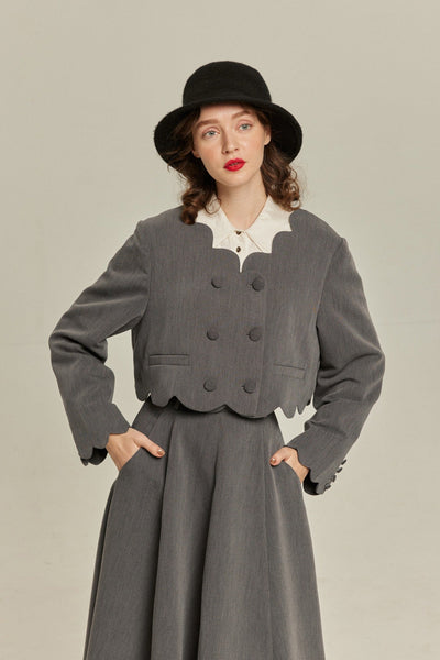《アンティークオークション》スカラップデザインクロップドトップス-Gray