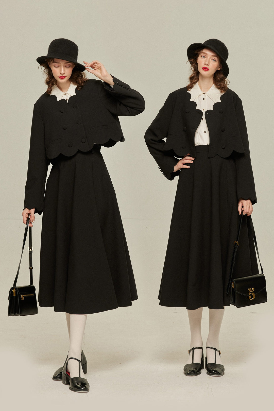 《アンティークオークション》スカラップデザインクロップドトップス-Black
