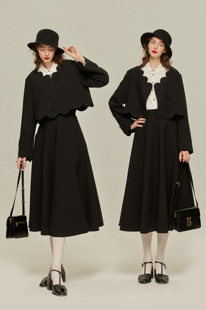 《アンティークオークション》スカラップデザインクロップドトップス-Black