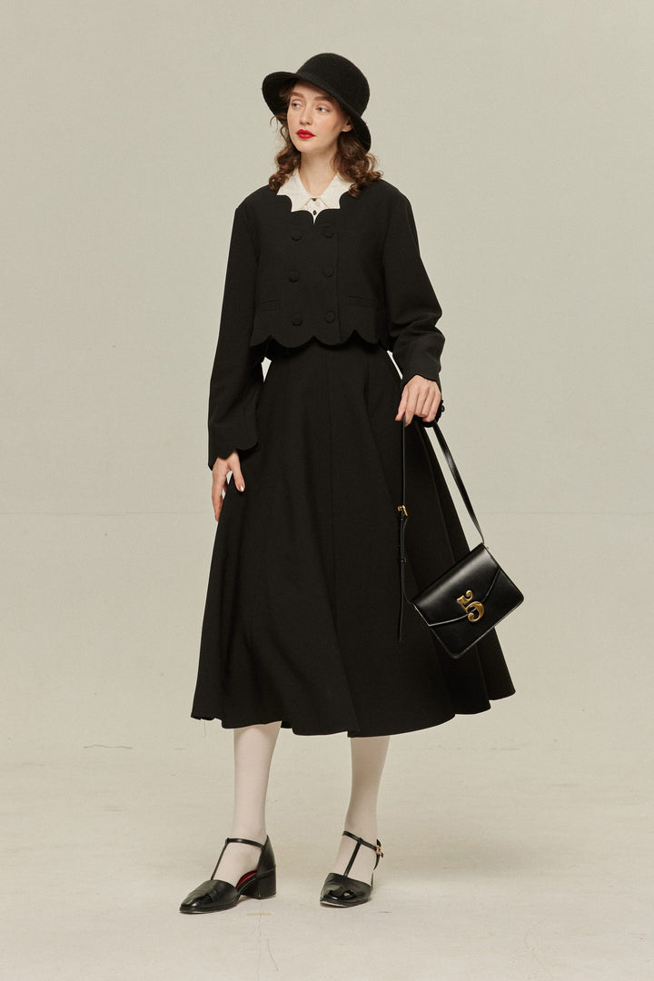 《アンティークオークション》スカラップデザインクロップドトップス-Black