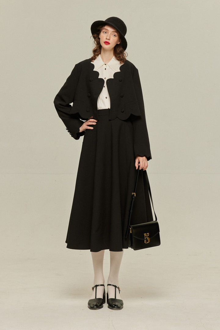 《アンティークオークション》スカラップデザインクロップドトップス-Black