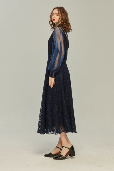 《100年も前からある》ハイウエストフレアレーススカート-Navy