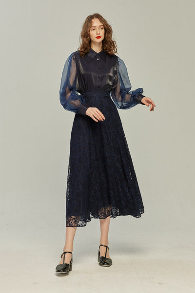 《100年も前からある》ハイウエストフレアレーススカート-Navy