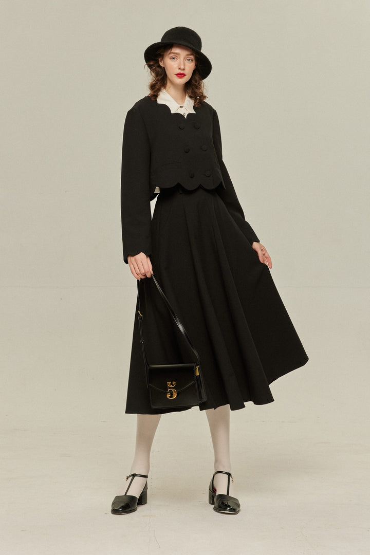 《アンティークオークション》スカラップデザインクロップドトップス-Black