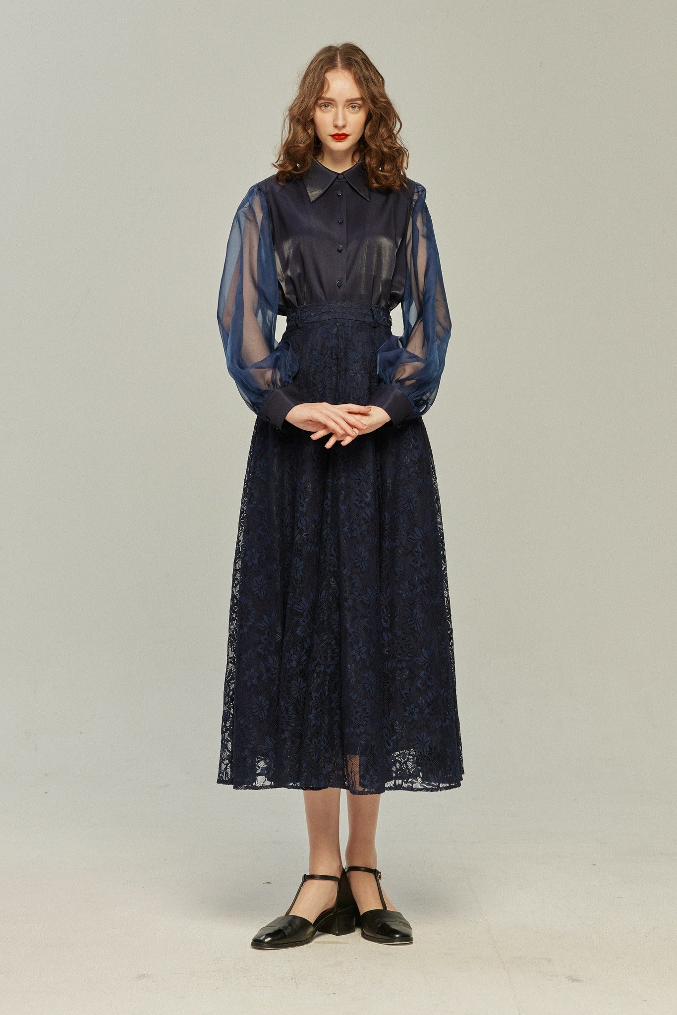 《100年も前からある》ハイウエストフレアレーススカート-Navy